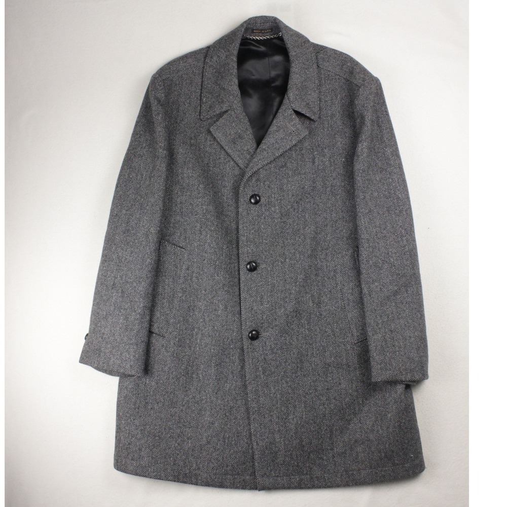 Vintage Casualcraft Wool Herringbone Car Coat Men's 46R Gray Made USA